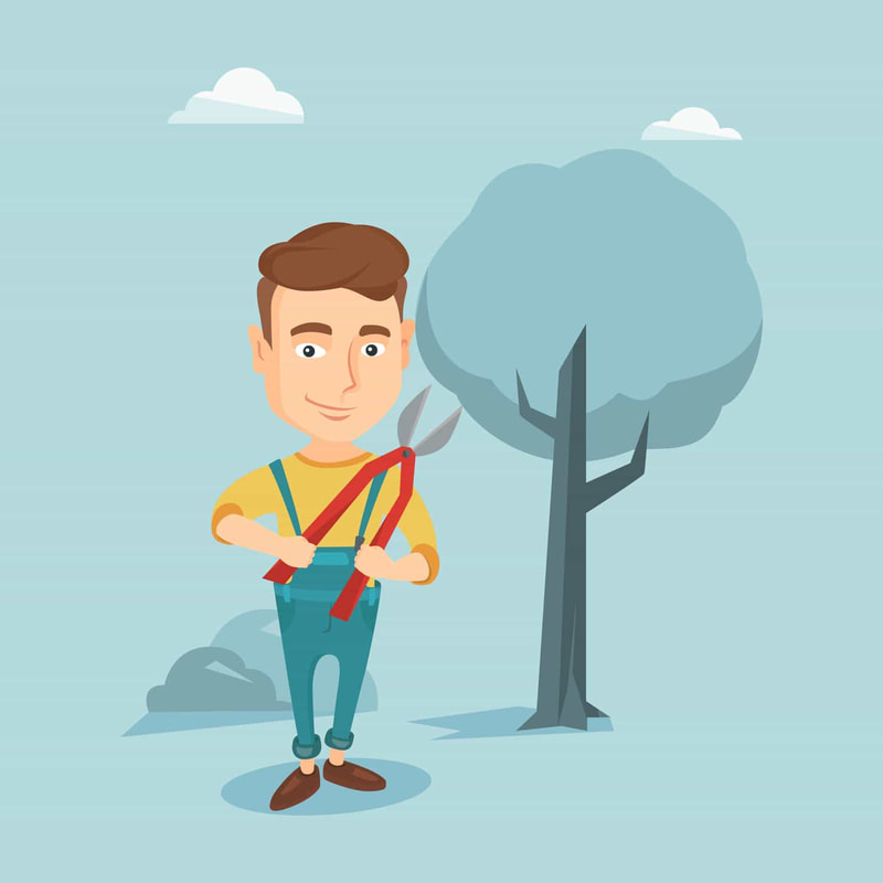 A cartoon picutre of a tree trimmer with a blue background
